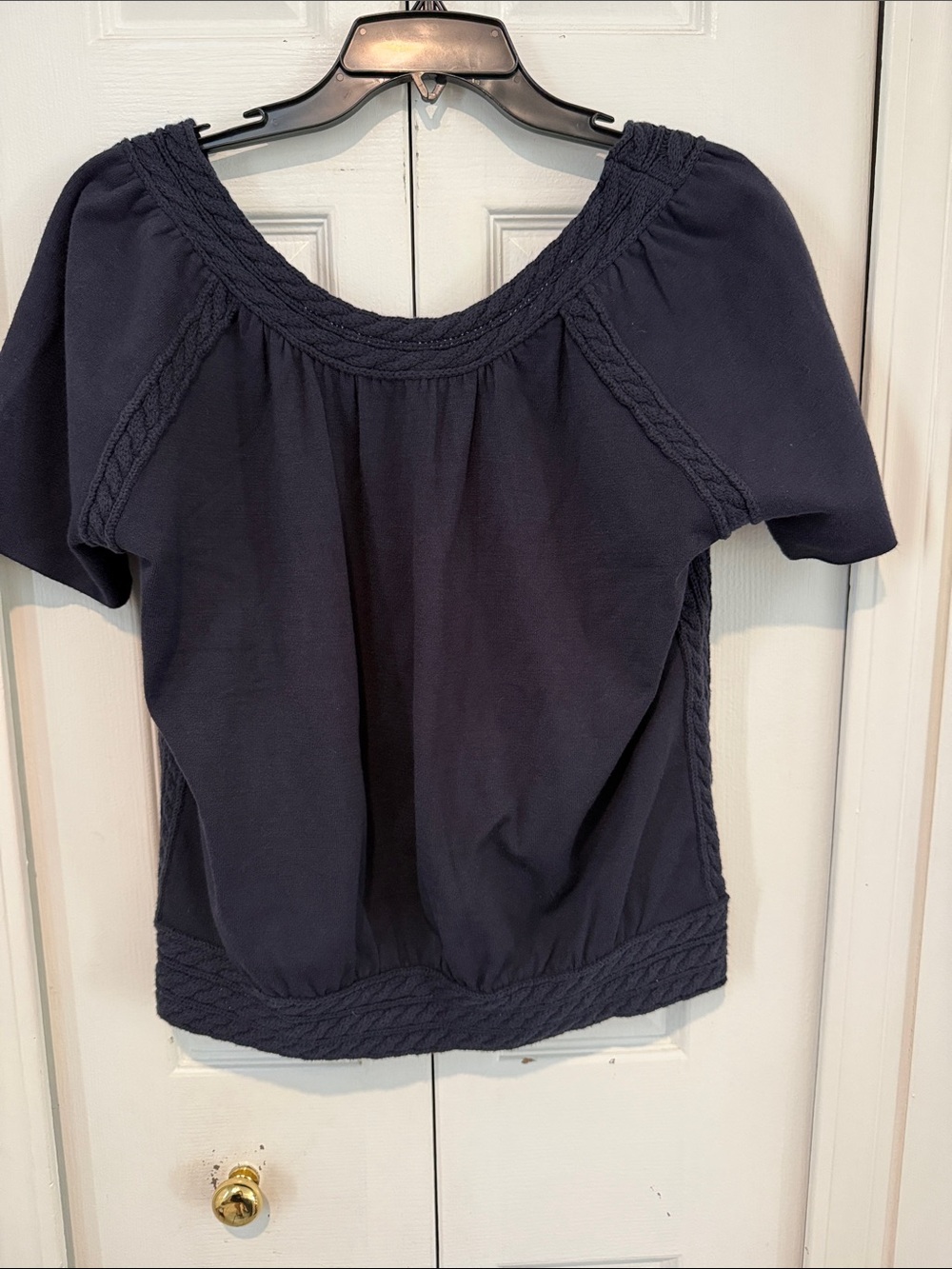 CAbi Navy Braided Trim Short Sleeve Sweater